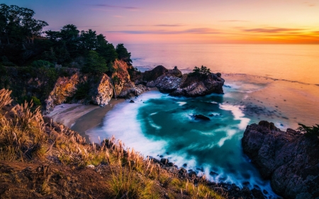 Burns Beach, McWay Falls, California - cliff, sea, sunset, rocks