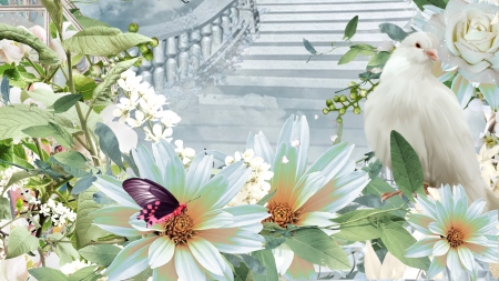 Floral Wonder - bird, summer, blue, dove, spring, stairway, flowers, stairs, butterfly, peaceful