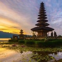 Sunrise at Pura Ulun Danu Bratan temple in Bali Indonesia