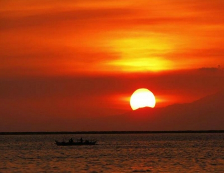 Orange Sunset - sky, sea, sun, boat