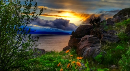 Lake at sunset - rocks, beautiful, wildflowers, grass, lake, sky, clouds, sunset, mountain