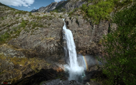 Manofossen Waterfall, Norway - nature, waterfall, rainbow, norway, rocks