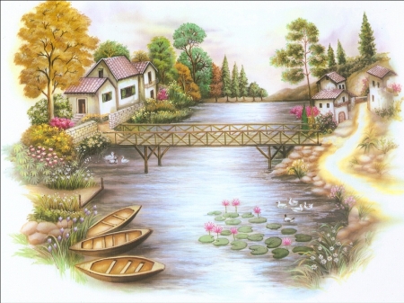 Painting - river, art, painting, bridge