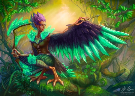 Woodland Harpy - prety, woman, girl, feathers, colorful, fantasy, bird, art, beautiful, green, digital, harpy