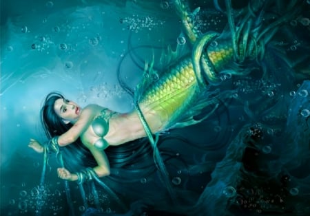 Mermaid in Trouble - woman, girl, fantasy, art, tentacles, pretty, beautiful, mermaid, green, digital