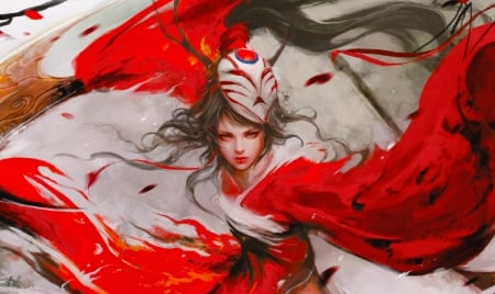 Red Warrior - red, digital, pretty, beautiful, girl, art, warrior, fantasy, kimono, woman