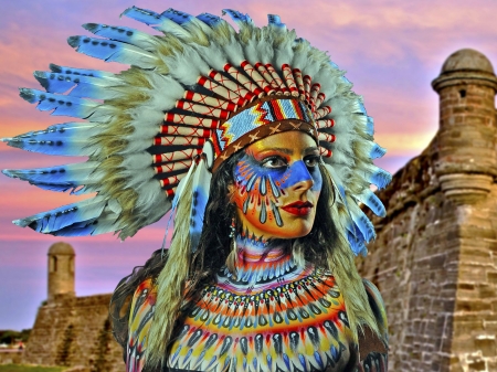 Native American Bodypaint - woman, girl, feathers, colorful, fantasy, art, pretty, beautiful, body paint, digital, native americal