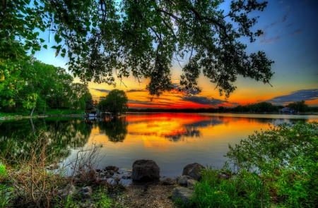 Sunset lake - house, trees, branches, sunset, beautiful, serenity, lake, reflectioin