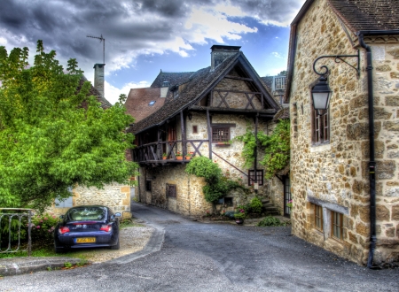 lovely country village hdr - village, houses, street, trees, car, hdr