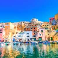 sun drenched colorful seaside town