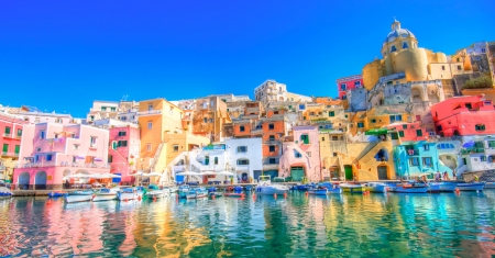 sun drenched colorful seaside town - boats, shimmer, town, sunshine, colors, seaside