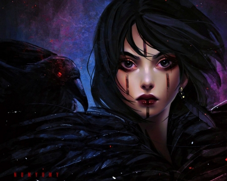 Crow - bird, raven, girl, feather, black, fantasy, crow, purple, numyumy, pasare, face, art, luminos