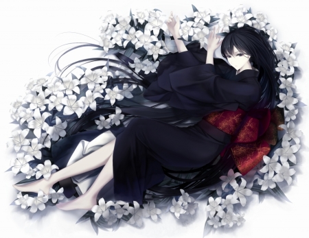 Girl - anime, original, girl, kimono, flower, black, manga, erise, white, red