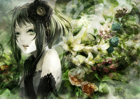 Gumi - girl, kunimura hakushi, rose, face, vocaloid, green, anime, gumi, flower, manga