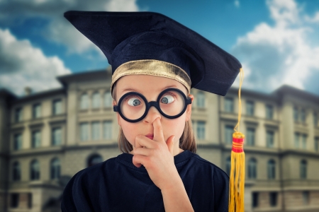 Miss Clever Clogs' graduation - glasses, girl, miss clever clogs graduation, funny, child, copil, black, john wilhelm, yellow, situation, hand, cute