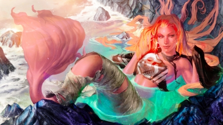 Mermaid on the Beach - pretty, beach, beautiful, girl, tail, fantasy, mermaid, digital, woman, art