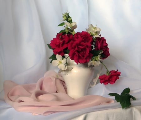 Still Life - flowers, vase, red, soft