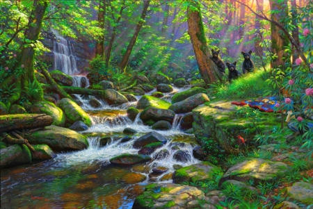 Summer Delights - waterfalls, summer, attractions in dreams, streams, paintings, cubs, colors, parks, bears, flowers, forests, love four seasons, animals