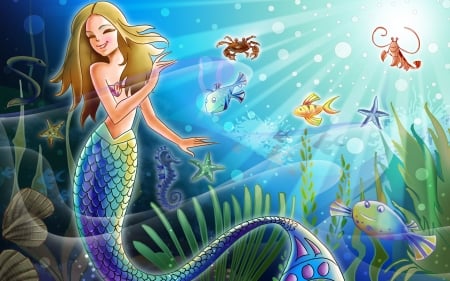 mermaid - starfish, crab, mermaid, fish