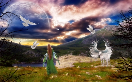 enchanting - field, girl, bird, unicorn