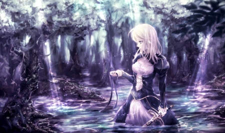 Saber - saber, girl, water, fate stay night, art, purple, forest, blue, luminos, anime, nuwanko, manga