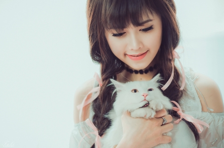 Girl and cat - beauty, woman, cat, girl, pisica, asian, model, white, hand, pink, smile