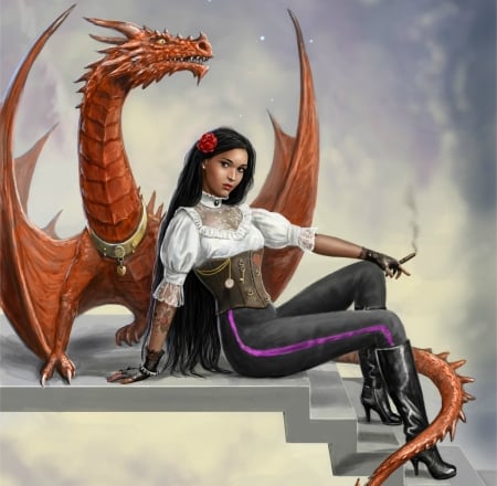 Stay with me - fantasy, orange, dragon, girl, woman, art