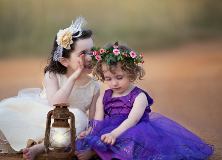 A big secret - melony smith, couple, girl, child, copil, rose, white, whisper, purple, children, childhood, lantern, blue, cute, flower, dress