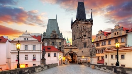 Charles Bridge - Prague, sunset, photography, architecture, bridge, Czech Republic