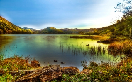 Lake Mountains - trees, nature, reeds, shurbs, lake, mountain, rocks