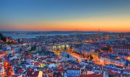 panorama of a city at dusk - dusk, lights, city, bridge, harbor