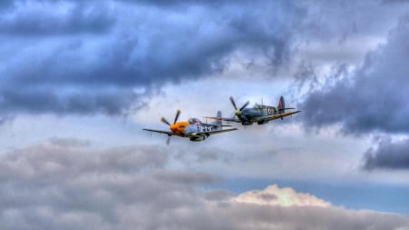 classic wwII mustang and spitfire fighter planes hdr - props, clouds, planes, classic, hdr, sky, wwII