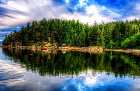 Quiet reflections - sky, lake, trees, serenity, reflections, quiet, forest, tranquil, beautiful, boat