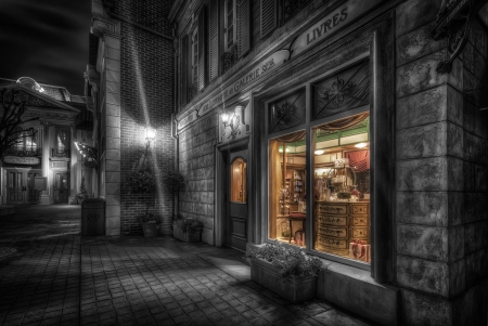 french gallery in black and white hdr - store, lights, hdr, black and white, city, night