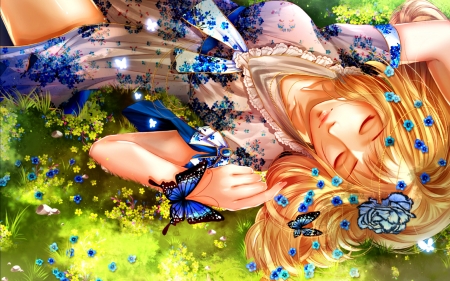 Summer day - summer, anime, girl, original, creamsea, blue, manga, butterfly, orange, luminos, green