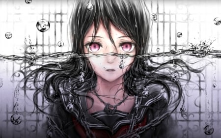 Raining - girl, water, black, white, pink, amethyst eyes, anime, nuwanko, drops, manga