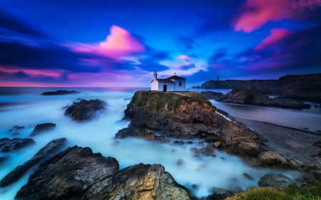 West Chapel Sea - rocks, clouds, church, sea, nature, sun