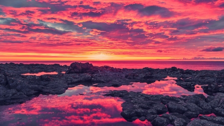 spectacular red sunset over rocky shore - clouds, shore, sunset, red, sea, reflection, rocks