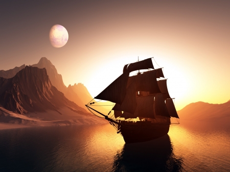 Sailboat at Night - moon, nature, sail, ship, landscape, graphics, mountains