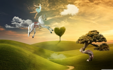 Neverland vacation - ballerina, grass, field, horse, tree, sky