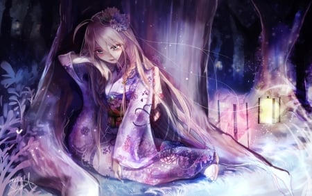 Ia - girl, night, purple, soroa, lantern, pink, vocaloid, blue, anime, kimono, ia, manga