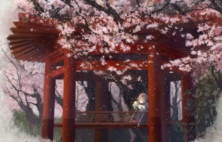 Luo Tianyi - luo tianyi, girl, spring, pavilion, sakura, vocaloid, pink, red, bou shaku, anime, manga