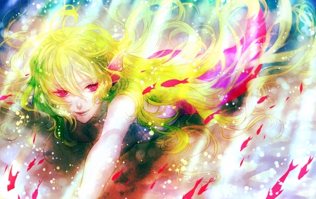 Mermaid - pink, water, yellow, girl, art, fantasy, mermaid, luminos, woman, green