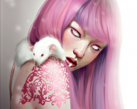 Lady of Rats - lady of rats, marta deer, white, tattoo, face, art, rodent, luminos, pink