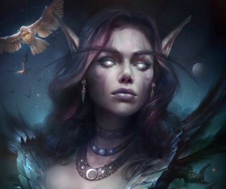 Night song - woman, elf, girl, fantasy, bird, face, art, night song, dmitry prozorov, bufnita, owl