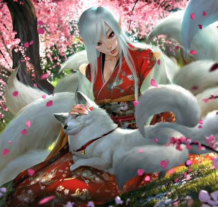 Baby kitsune - baby kitsune, sakura, fox, girl, beauty, spring, kimono, pink, white, animal, red, rudy siswanto, luminos