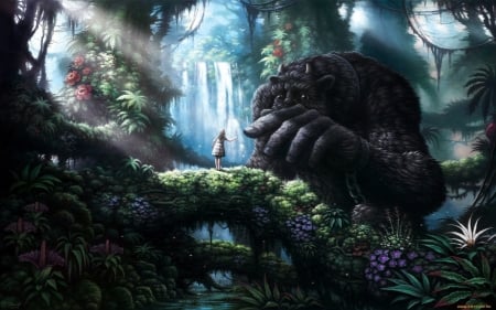 Thumbelinia and Monster - art, thumbelinia, waterfall, monster