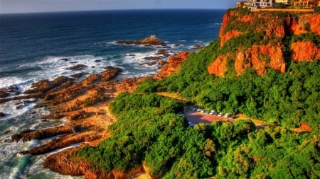 seaside rocky park hdr - rocks, bridge, bushes, sea, cars, park, shore, hdr