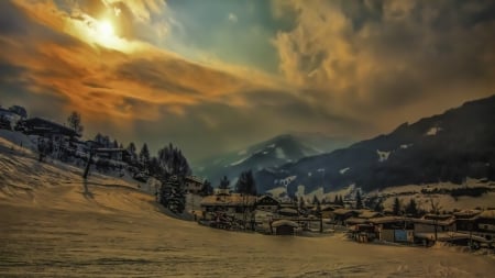 town in a valley on a hazy winter day hdr - clouds, haze, winter, town, hdr, mountains, valley, sun