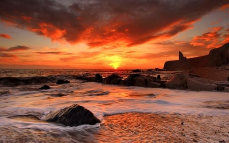 Beach Sunset - nature, beach, clouds, sunset, sea, rocks